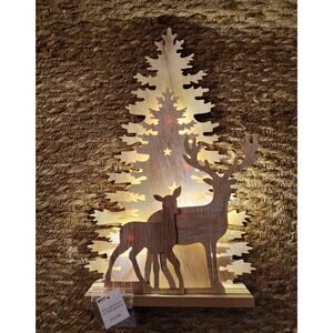 NEW! Lighted Wooden Christmas Reindeer Forest Tabletop Decor Farmhouse 3D 17"